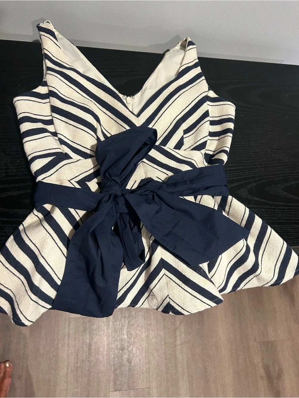 Striped V-Neck Peplum Top with Navy Waist Tie